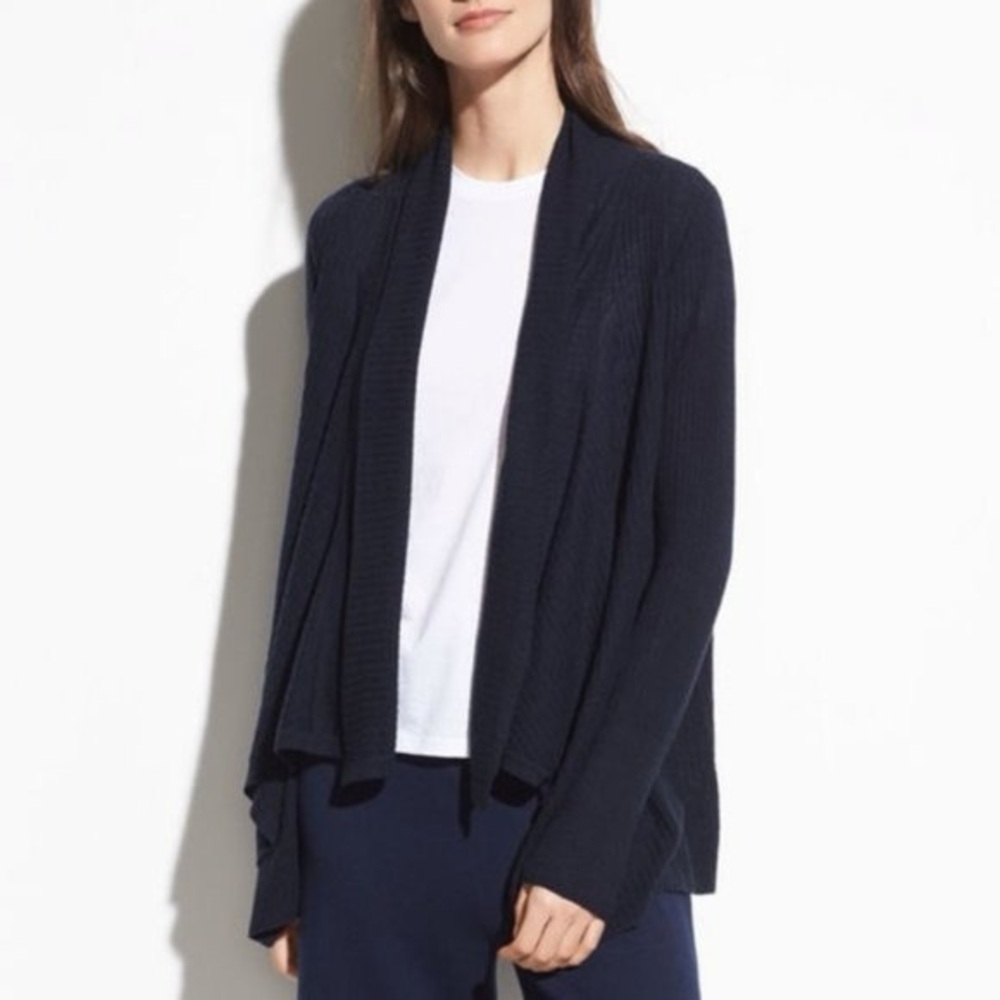 NWOT Vince Ribbed Drape-Front Wool-Cashmere Cardigan, Coastal, M